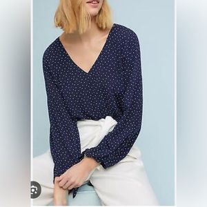 Navy long sleeve blouse, V-neck sz M